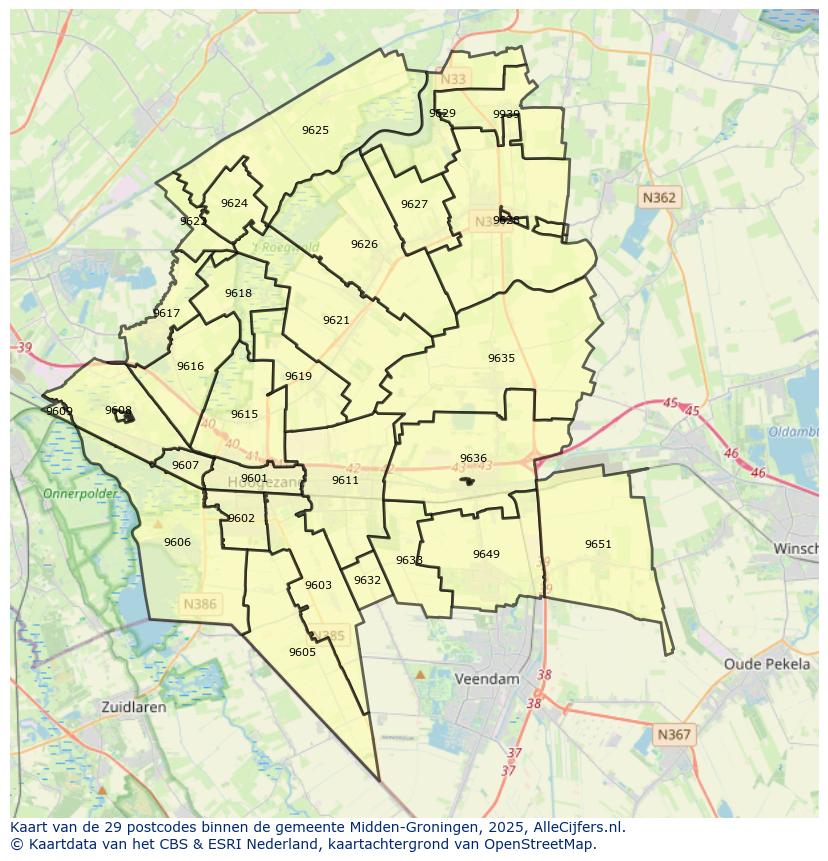 Afbeelding van de postcodes in de gemeente Midden-Groningen op de kaart.