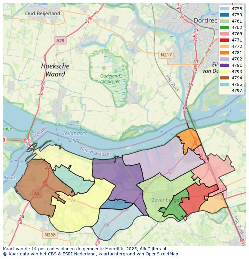 Afbeelding van de postcodes in de gemeente Moerdijk op de kaart.