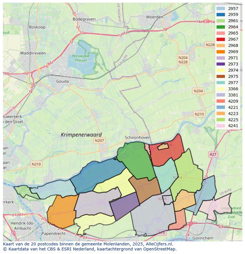 Afbeelding van de postcodes in de gemeente Molenlanden op de kaart.