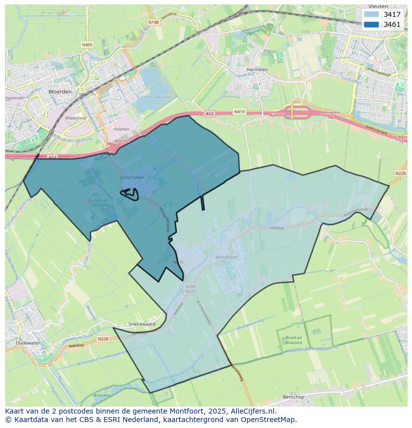 Afbeelding van de postcodes in de gemeente Montfoort op de kaart.
