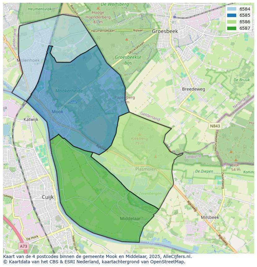 Afbeelding van de postcodes in de gemeente Mook en Middelaar op de kaart.