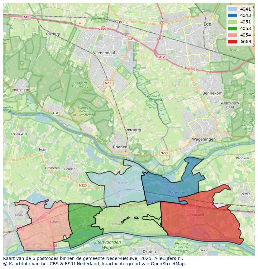 Afbeelding van de postcodes in de gemeente Neder-Betuwe op de kaart.