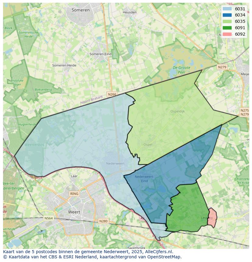 Afbeelding van de postcodes in de gemeente Nederweert op de kaart.