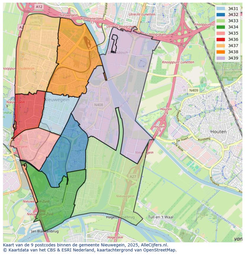 Afbeelding van de postcodes in de gemeente Nieuwegein op de kaart.