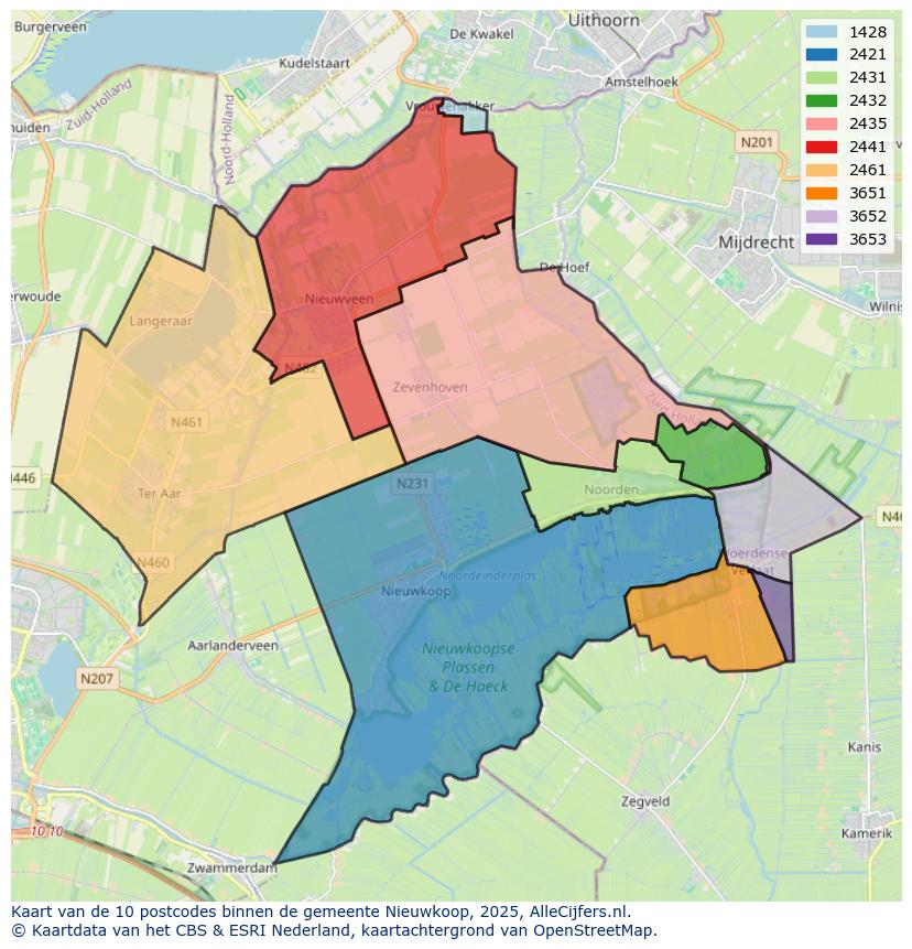 Afbeelding van de postcodes in de gemeente Nieuwkoop op de kaart.