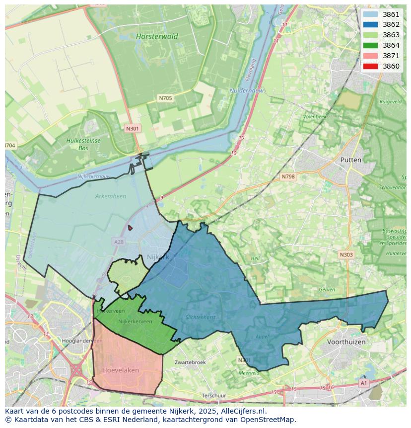Afbeelding van de postcodes in de gemeente Nijkerk op de kaart.