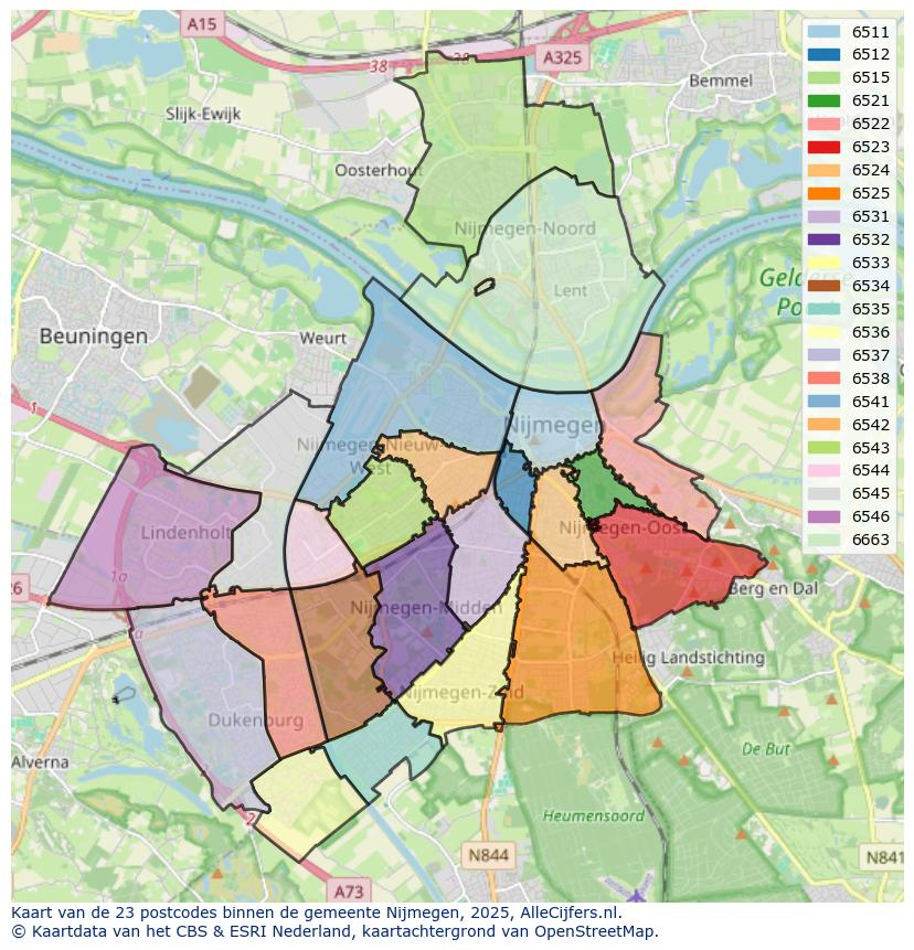 Afbeelding van de postcodes in de gemeente Nijmegen op de kaart.
