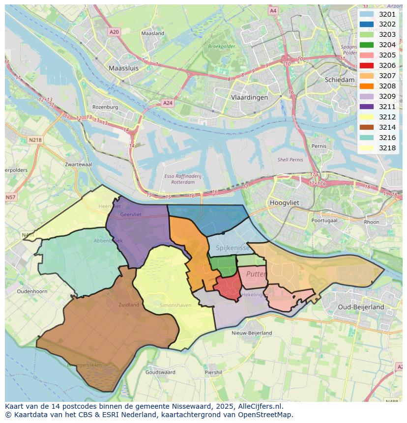 Afbeelding van de postcodes in de gemeente Nissewaard op de kaart.