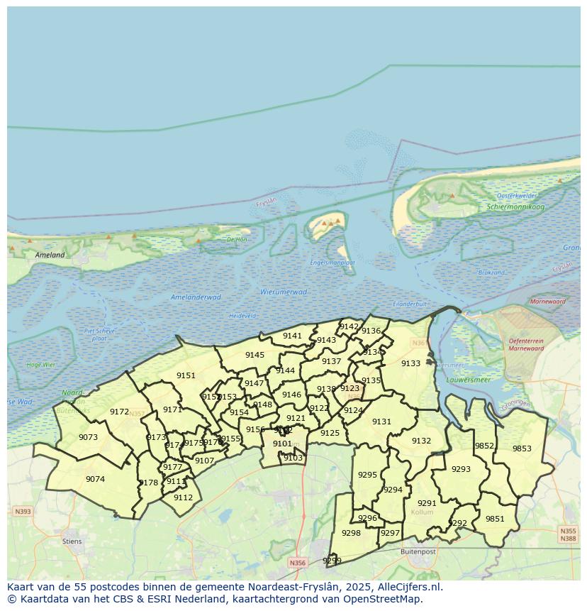 Afbeelding van de postcodes in de gemeente Noardeast-Fryslân op de kaart.
