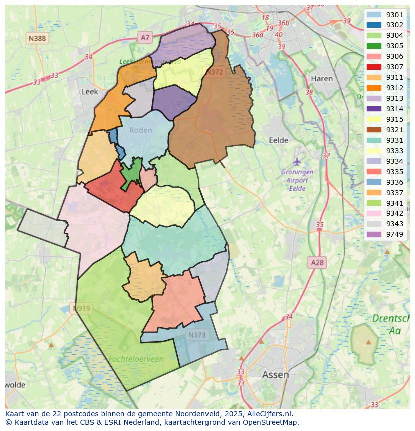 Afbeelding van de postcodes in de gemeente Noordenveld op de kaart.