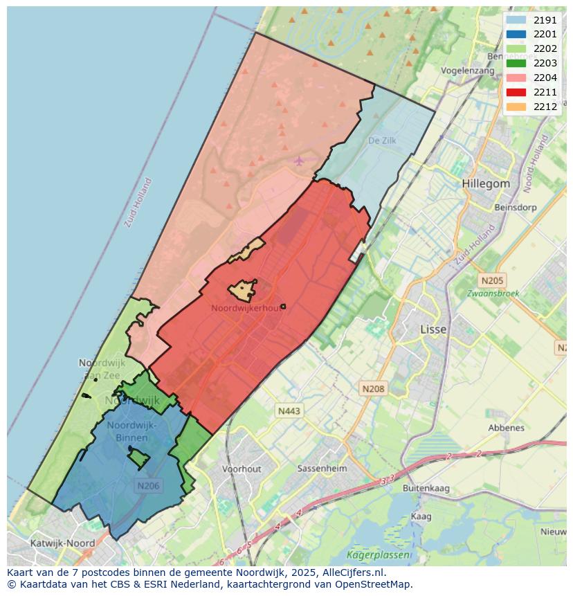 Afbeelding van de postcodes in de gemeente Noordwijk op de kaart.