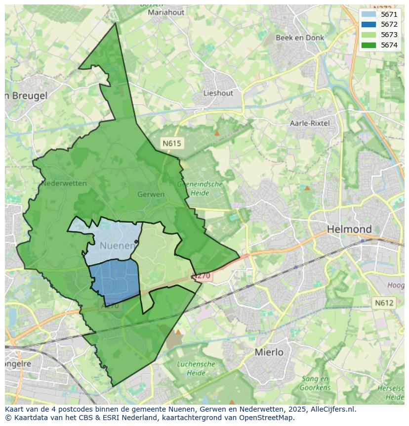 Afbeelding van de postcodes in de gemeente Nuenen, Gerwen en Nederwetten op de kaart.