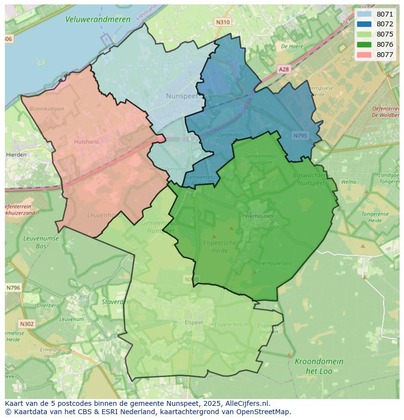 Afbeelding van de postcodes in de gemeente Nunspeet op de kaart.