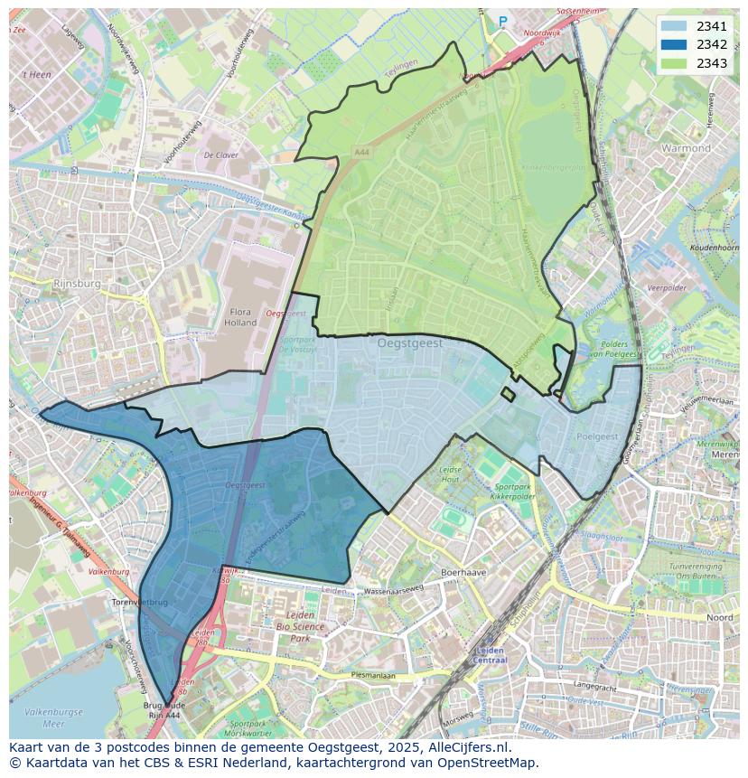 Afbeelding van de postcodes in de gemeente Oegstgeest op de kaart.