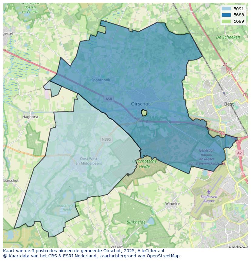 Afbeelding van de postcodes in de gemeente Oirschot op de kaart.
