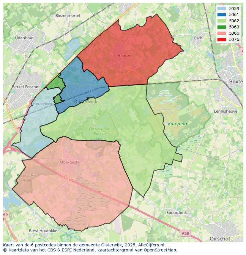 Afbeelding van de postcodes in de gemeente Oisterwijk op de kaart.