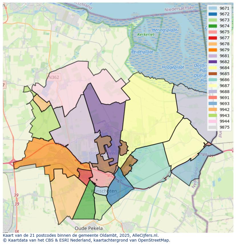 Afbeelding van de postcodes in de gemeente Oldambt op de kaart.