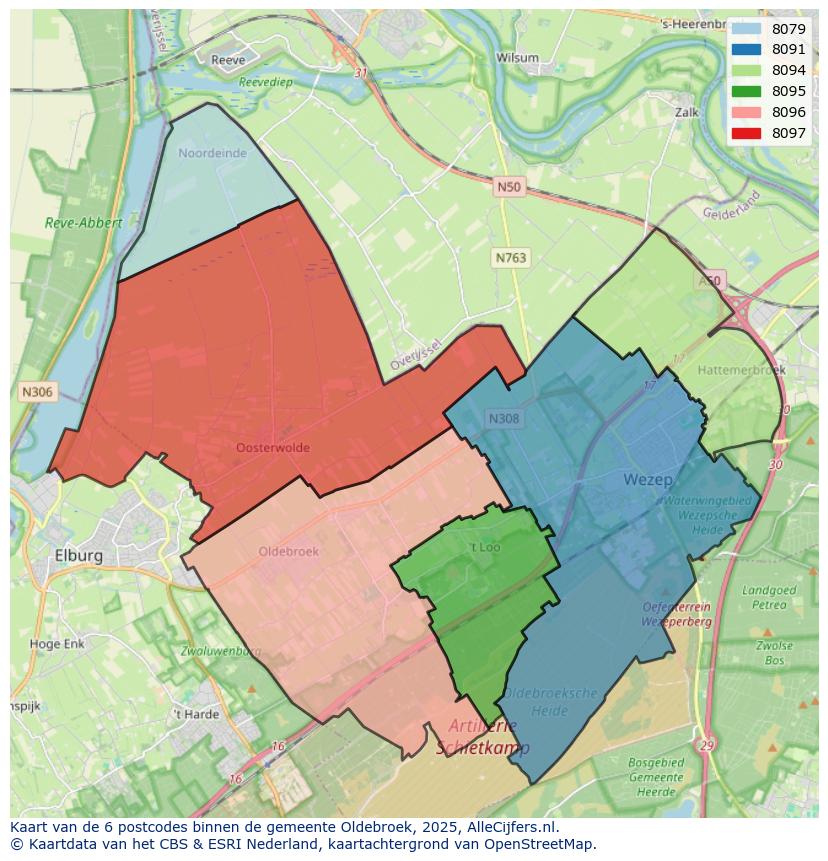 Afbeelding van de postcodes in de gemeente Oldebroek op de kaart.