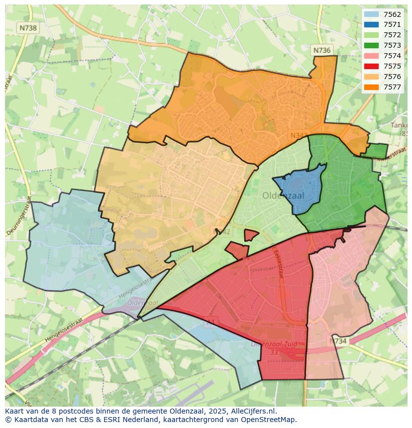 Afbeelding van de postcodes in de gemeente Oldenzaal op de kaart.
