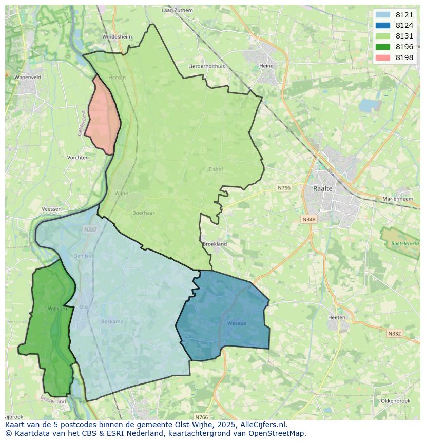 Afbeelding van de postcodes in de gemeente Olst-Wijhe op de kaart.