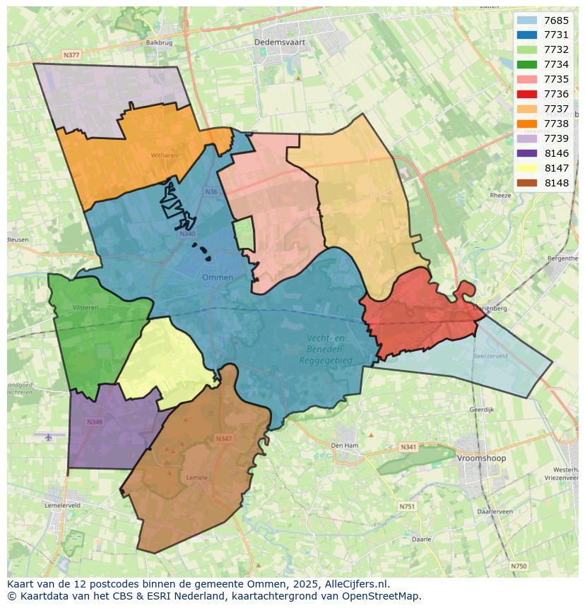 Afbeelding van de postcodes in de gemeente Ommen op de kaart.
