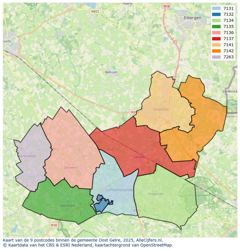Afbeelding van de postcodes in de gemeente Oost Gelre op de kaart.