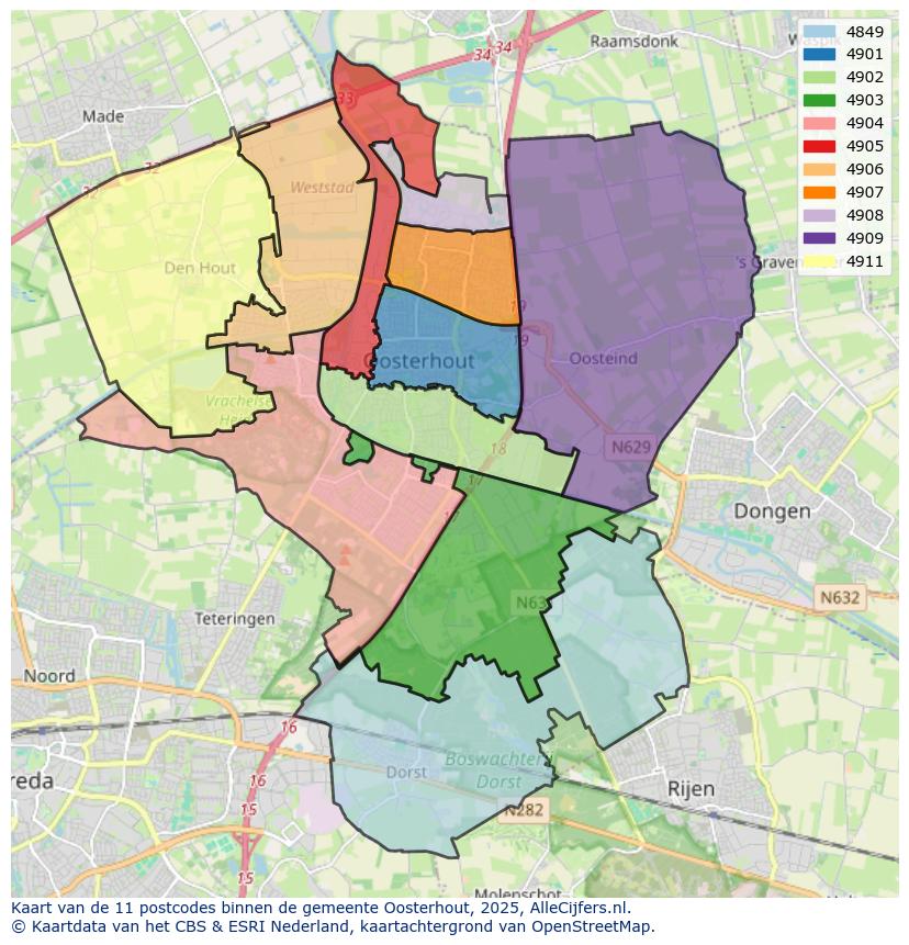 Afbeelding van de postcodes in de gemeente Oosterhout op de kaart.