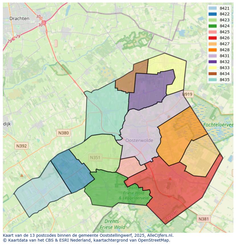 Afbeelding van de postcodes in de gemeente Ooststellingwerf op de kaart.