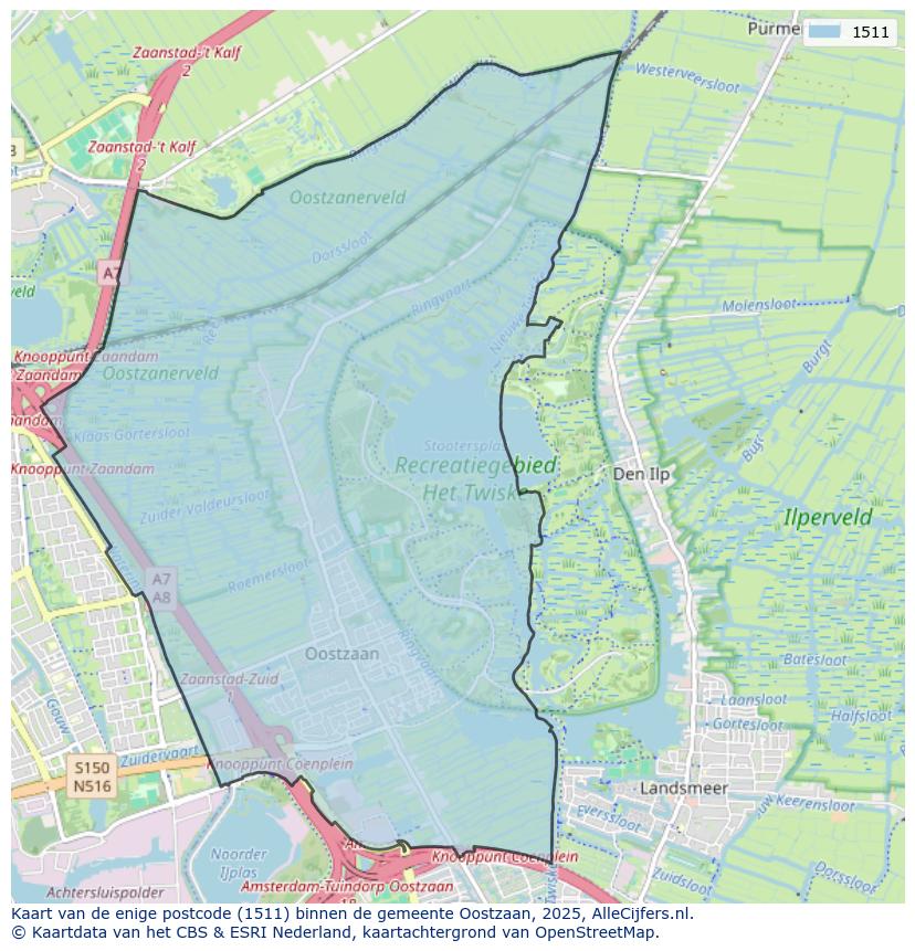 Afbeelding van de postcodes in de gemeente Oostzaan op de kaart.