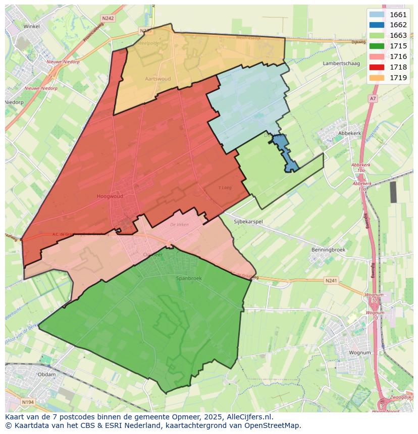 Afbeelding van de postcodes in de gemeente Opmeer op de kaart.