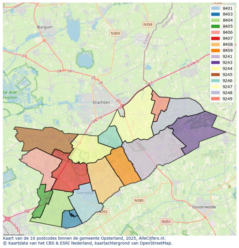 Afbeelding van de postcodes in de gemeente Opsterland op de kaart.