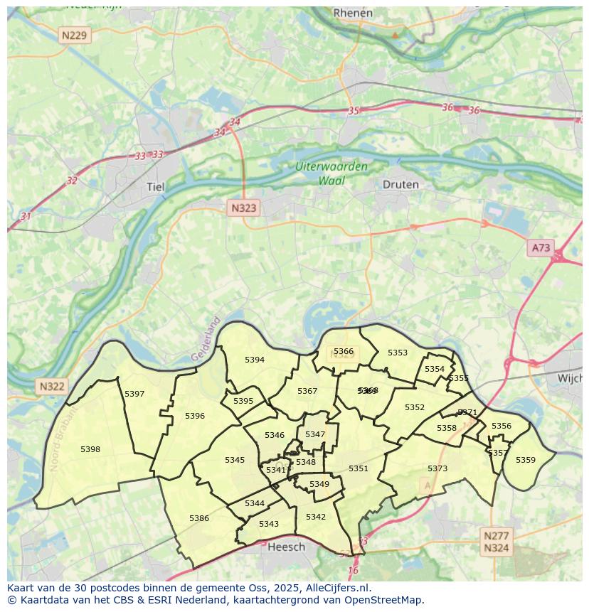 Afbeelding van de postcodes in de gemeente Oss op de kaart.