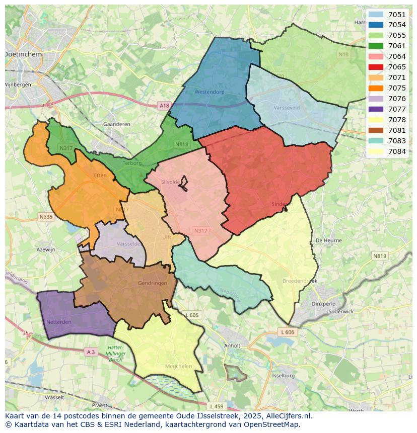 Afbeelding van de postcodes in de gemeente Oude IJsselstreek op de kaart.