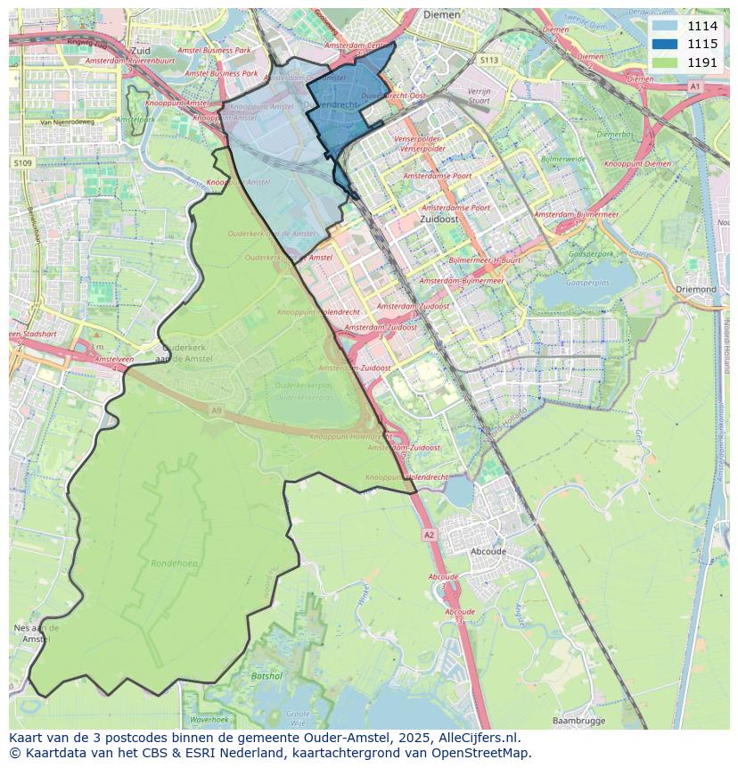 Afbeelding van de postcodes in de gemeente Ouder-Amstel op de kaart.