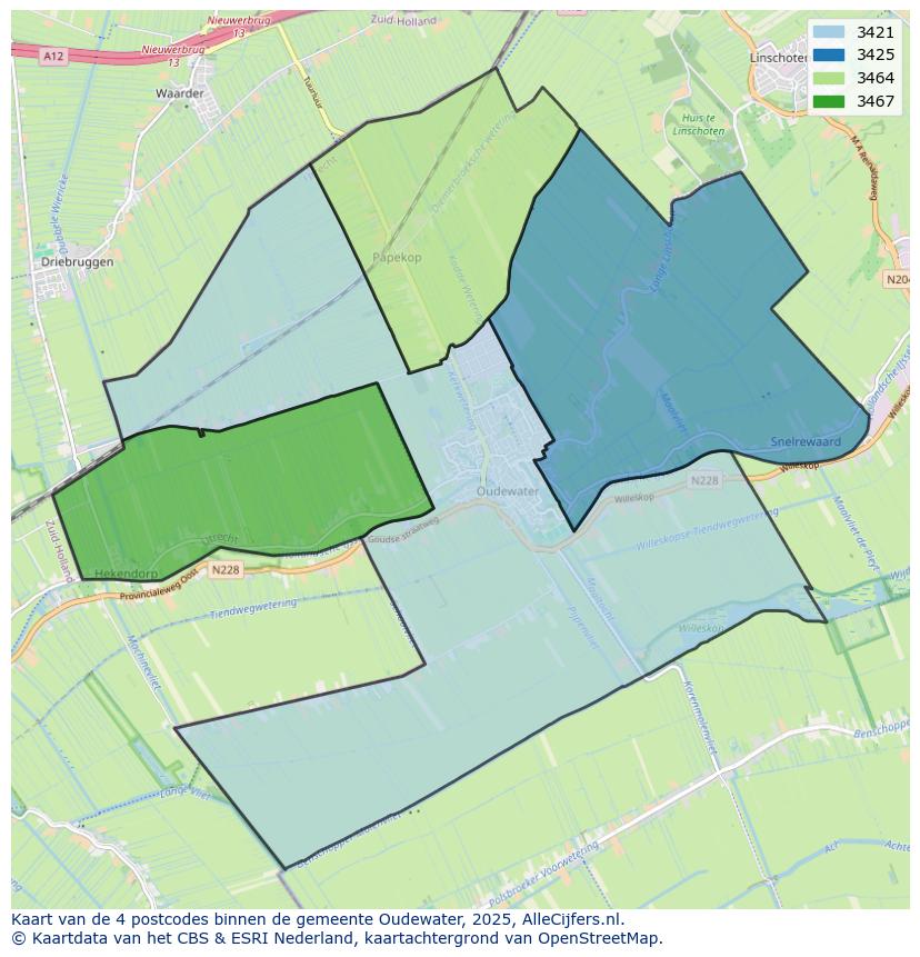 Afbeelding van de postcodes in de gemeente Oudewater op de kaart.