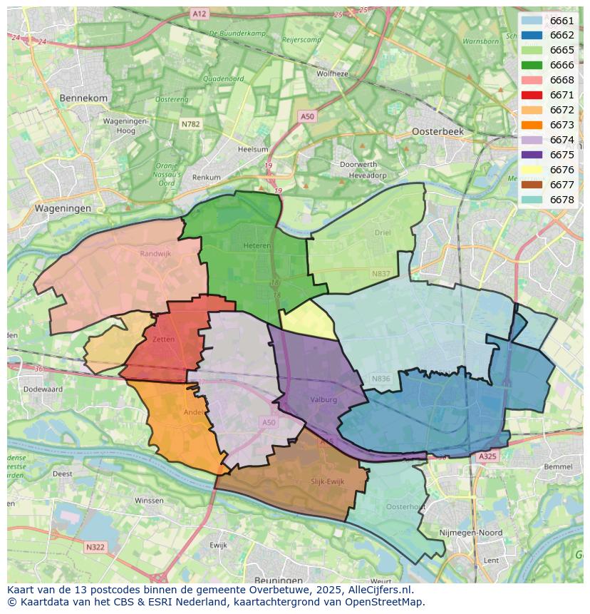 Afbeelding van de postcodes in de gemeente Overbetuwe op de kaart.