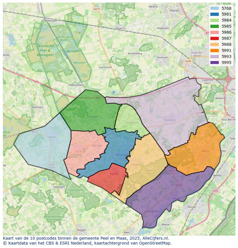 Afbeelding van de postcodes in de gemeente Peel en Maas op de kaart.