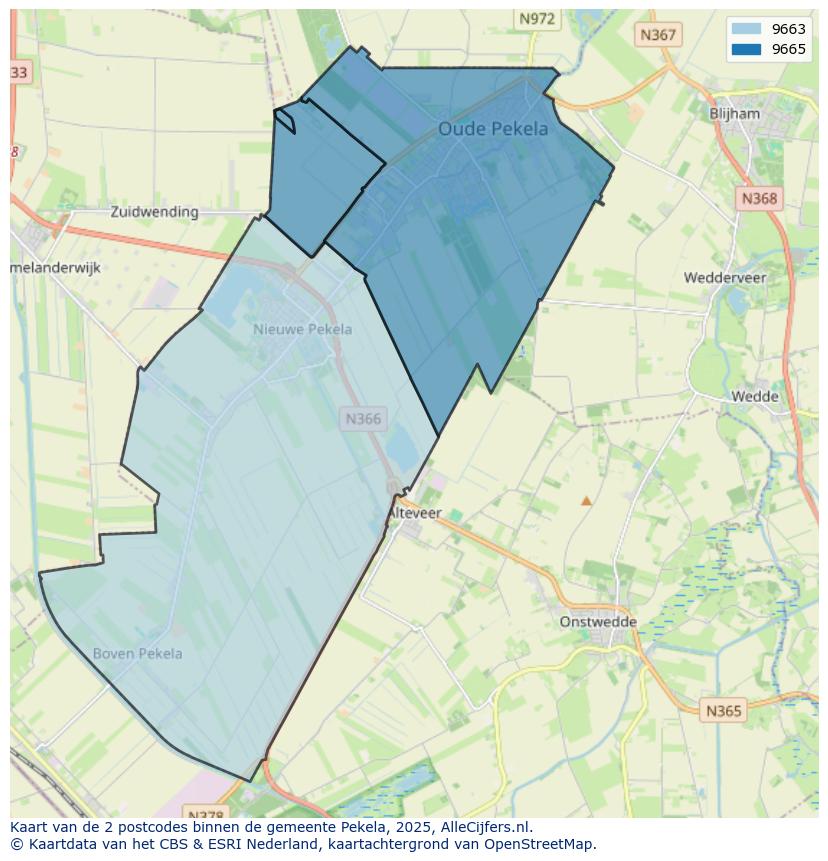 Afbeelding van de postcodes in de gemeente Pekela op de kaart.