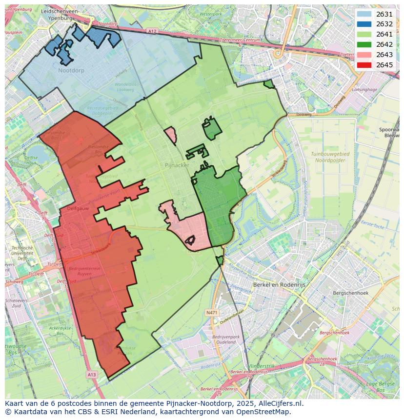 Afbeelding van de postcodes in de gemeente Pijnacker-Nootdorp op de kaart.