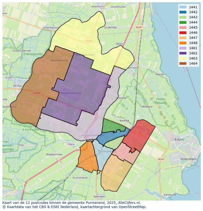 Afbeelding van de postcodes in de gemeente Purmerend op de kaart.