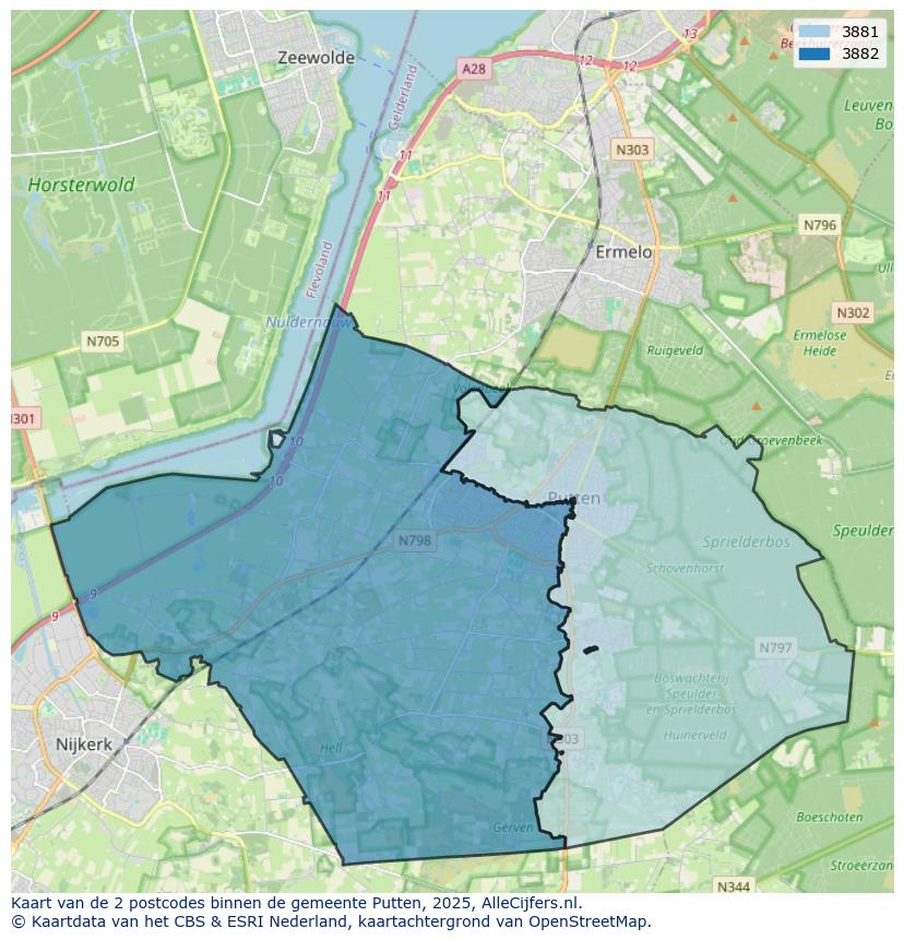 Afbeelding van de postcodes in de gemeente Putten op de kaart.