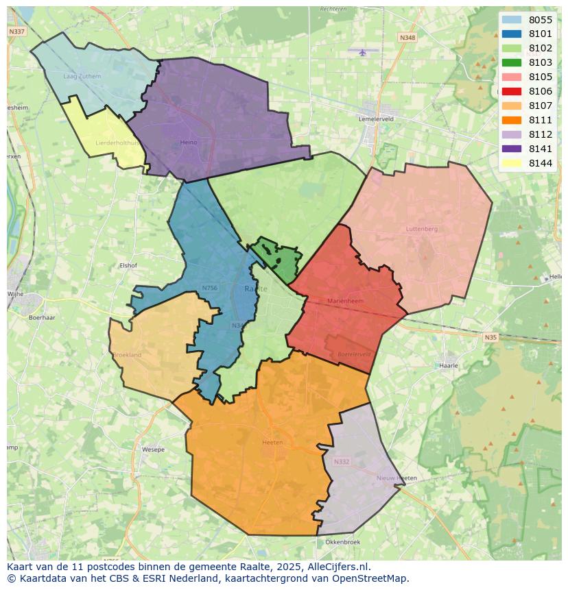 Afbeelding van de postcodes in de gemeente Raalte op de kaart.