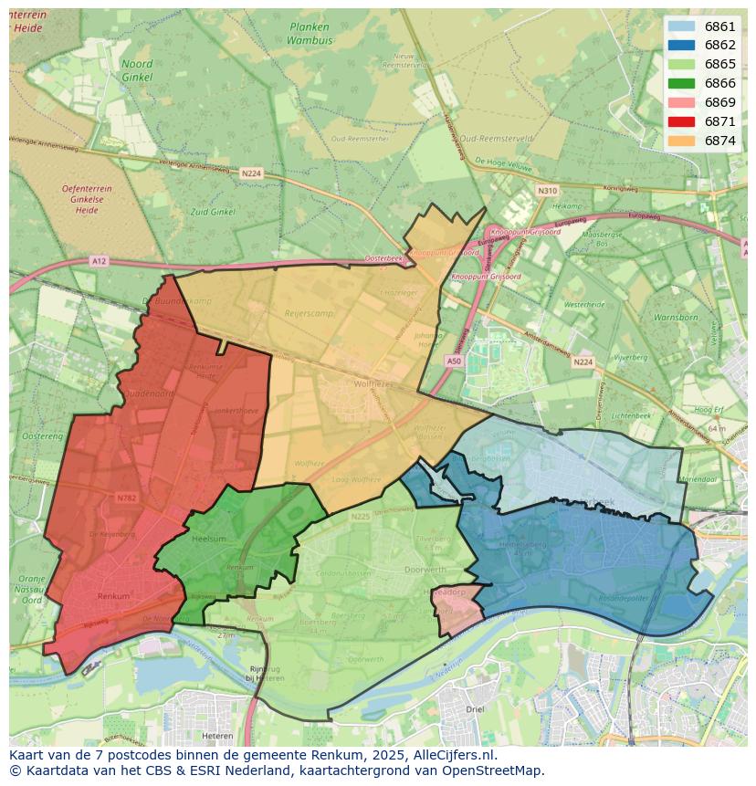 Afbeelding van de postcodes in de gemeente Renkum op de kaart.