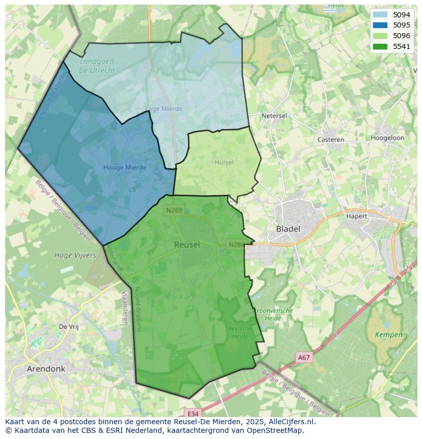 Afbeelding van de postcodes in de gemeente Reusel-De Mierden op de kaart.