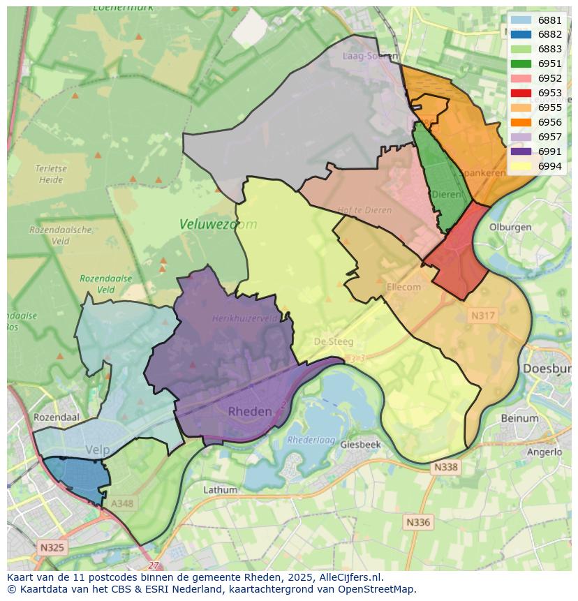Afbeelding van de postcodes in de gemeente Rheden op de kaart.