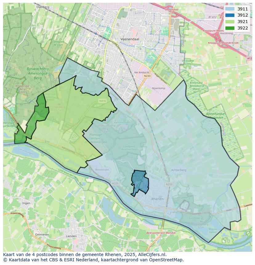 Afbeelding van de postcodes in de gemeente Rhenen op de kaart.