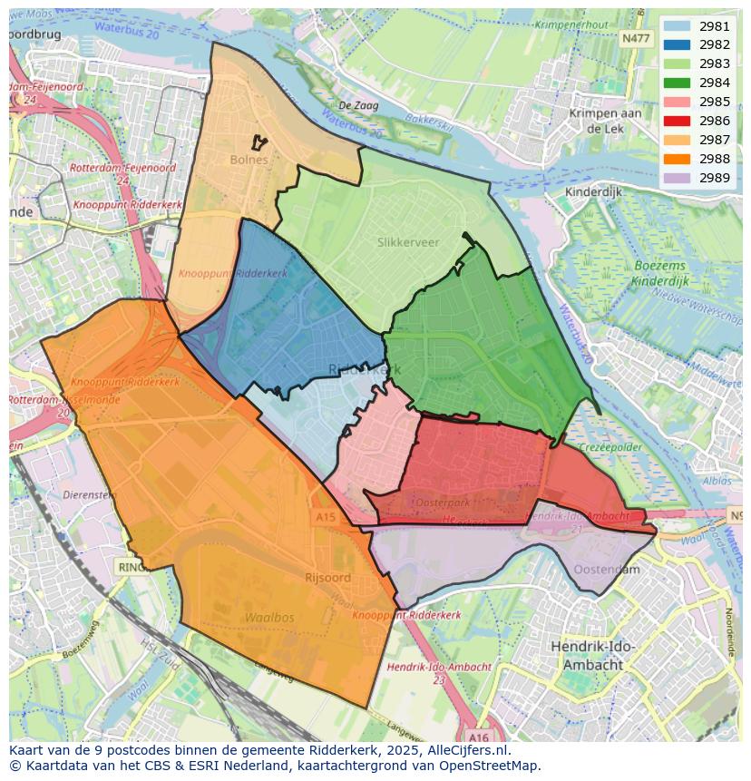 Afbeelding van de postcodes in de gemeente Ridderkerk op de kaart.