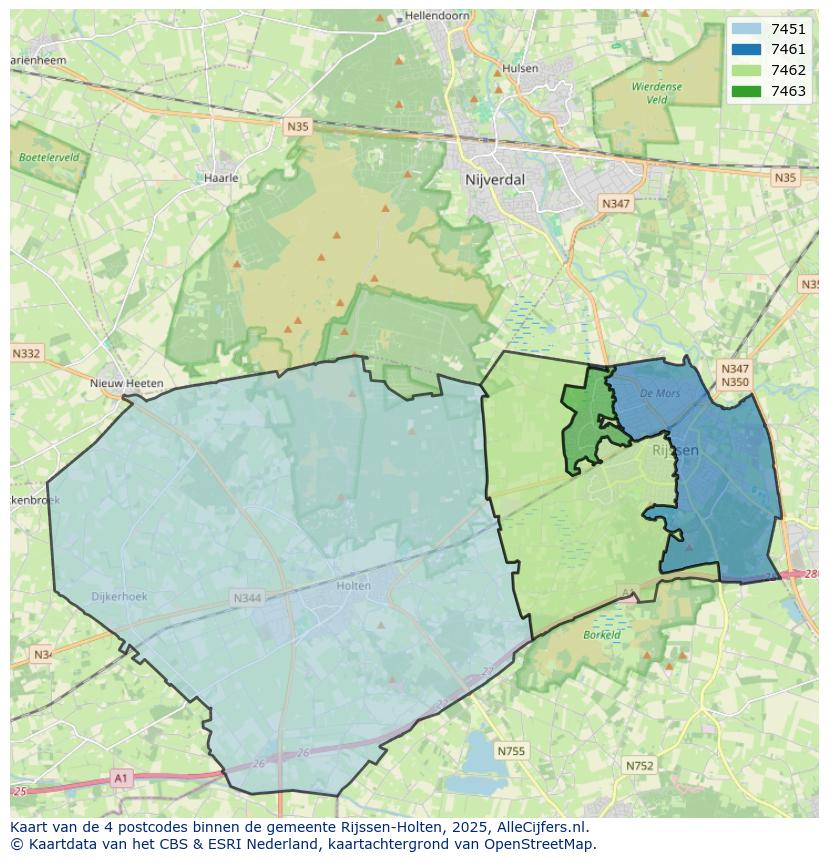 Afbeelding van de postcodes in de gemeente Rijssen-Holten op de kaart.