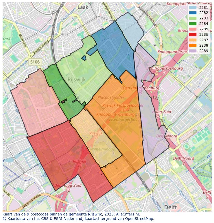 Afbeelding van de postcodes in de gemeente Rijswijk op de kaart.