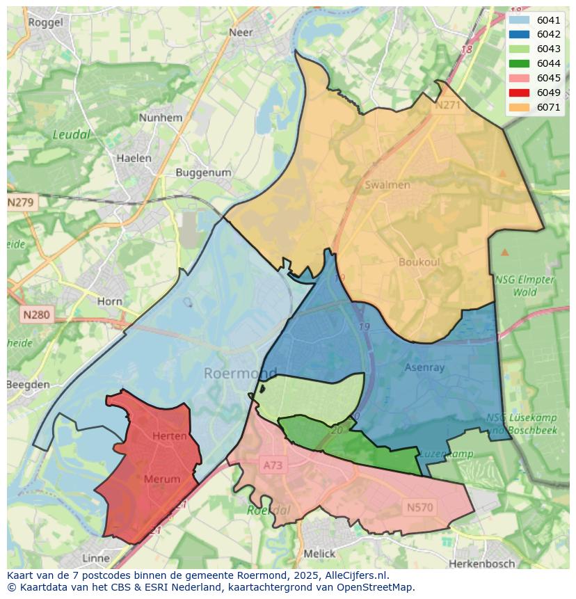 Afbeelding van de postcodes in de gemeente Roermond op de kaart.